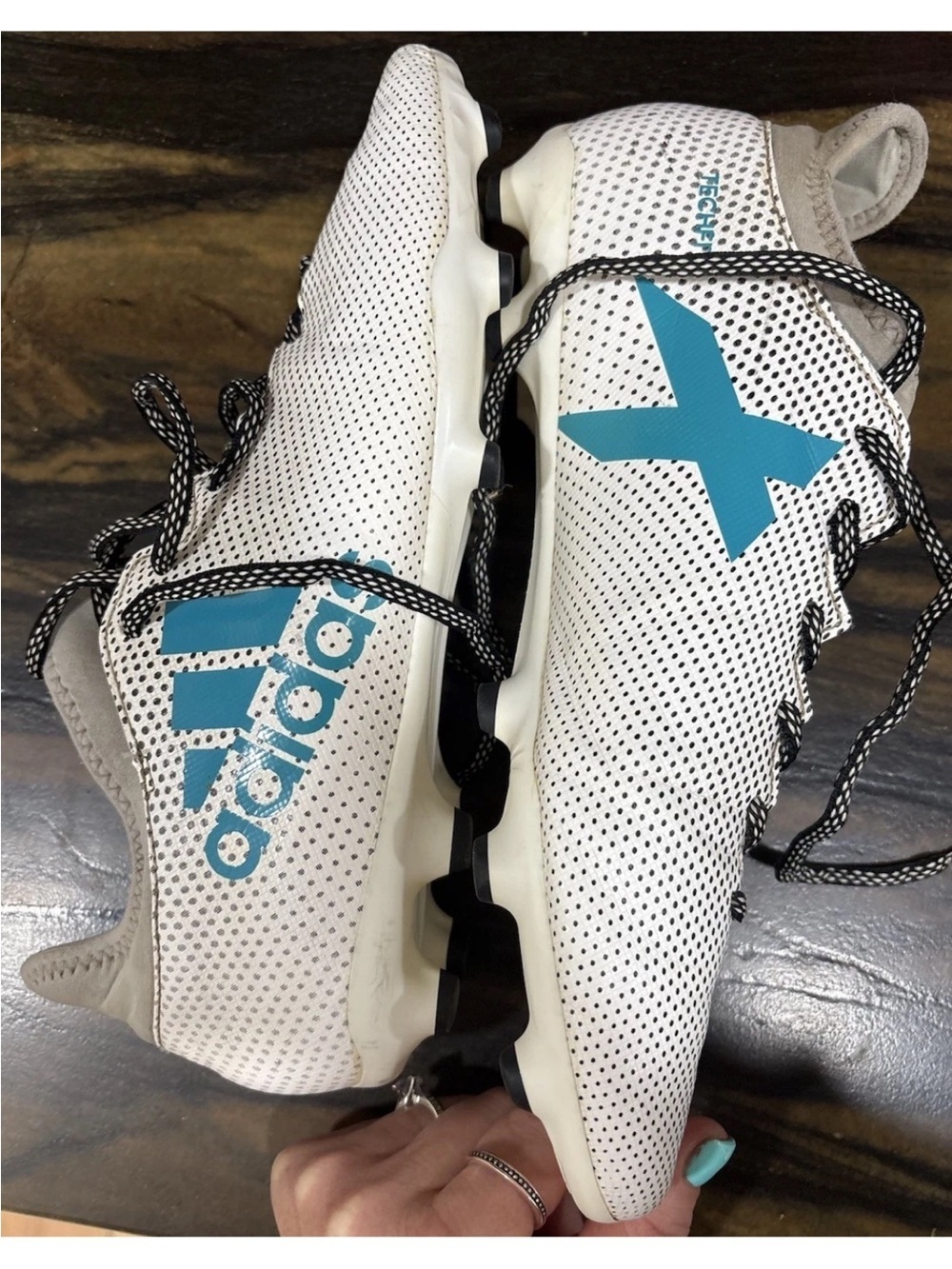 Adidas X 17.3 FG football cleats in a white and teal colorway. Size 10&1/2